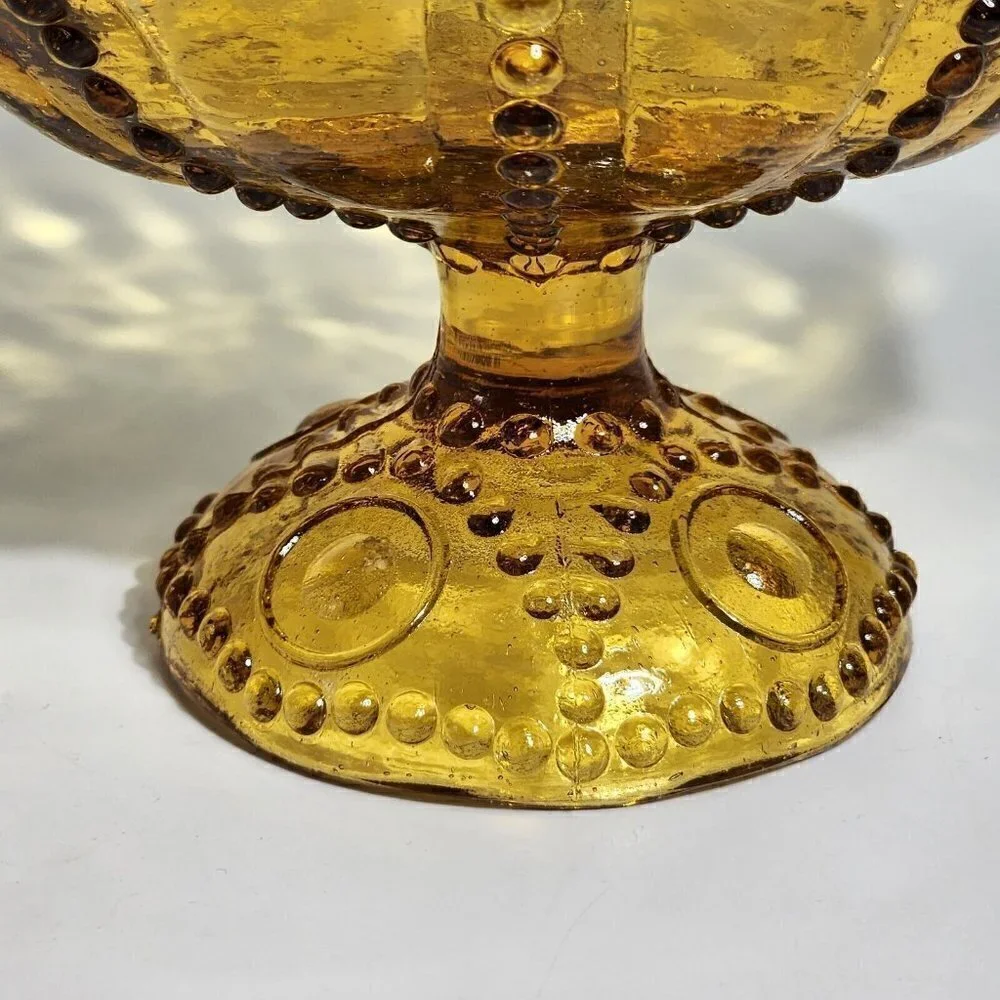 Depression Yellow Glass Circle Dot Design Red Jewels Gold Gilting Mid Century